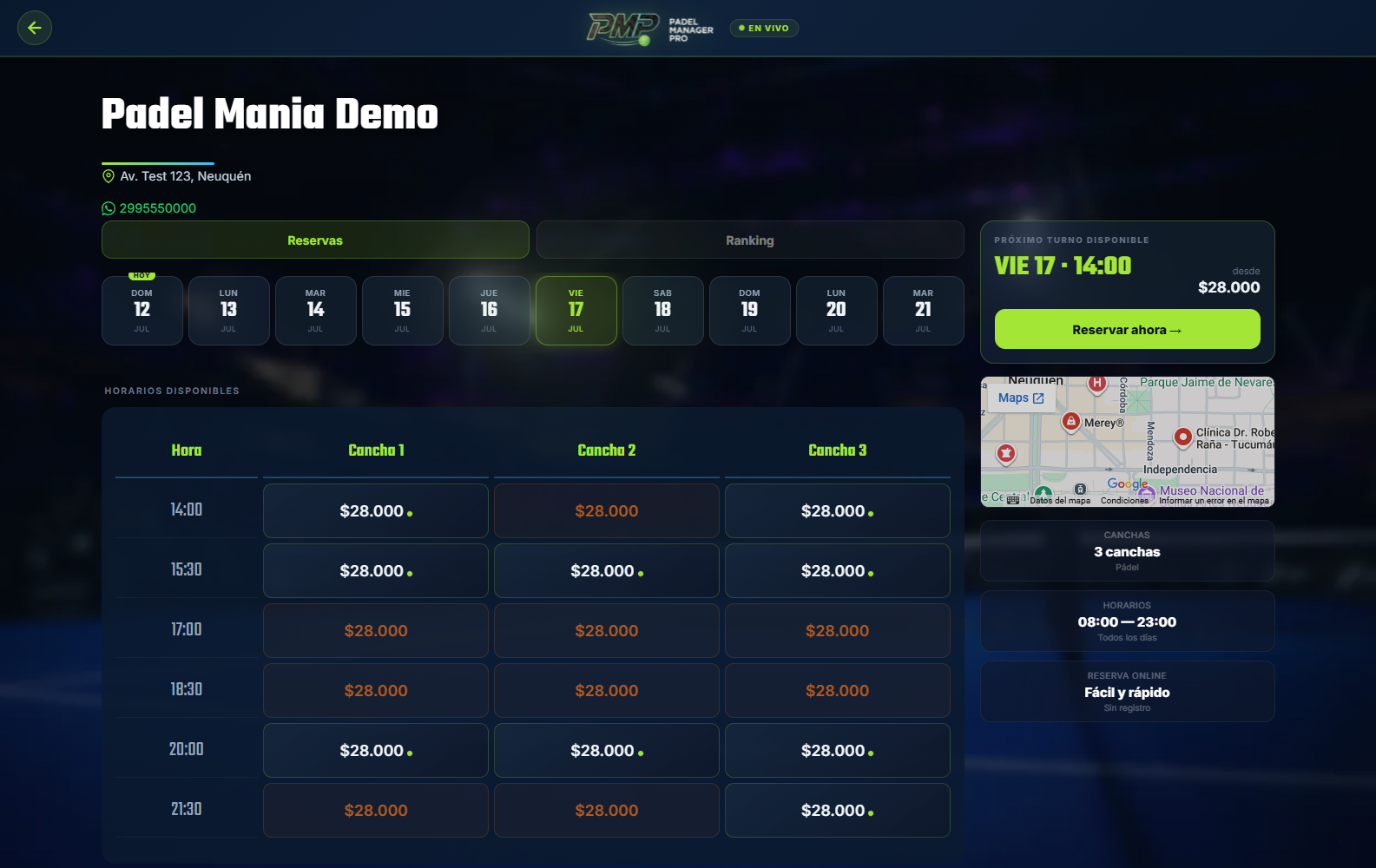 Página pública de reservas de un club vista desde la computadora, con la grilla de horarios por cancha, el próximo turno disponible y el mapa