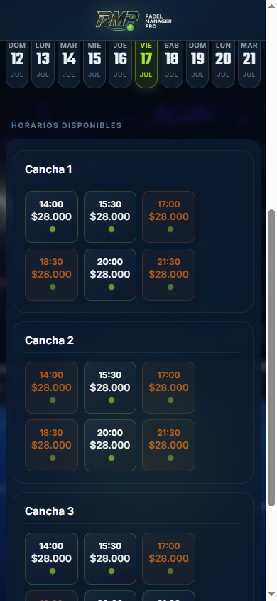 La misma página de reservas vista desde el celular, con los horarios libres y ocupados por cancha