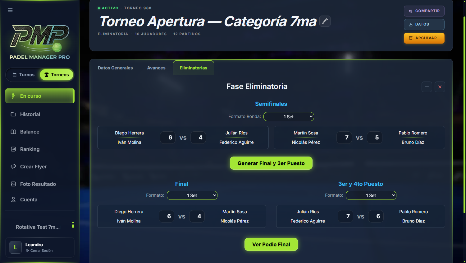 Llaves de eliminatorias de un torneo en Padel Manager Pro: semifinales, final y tercer puesto